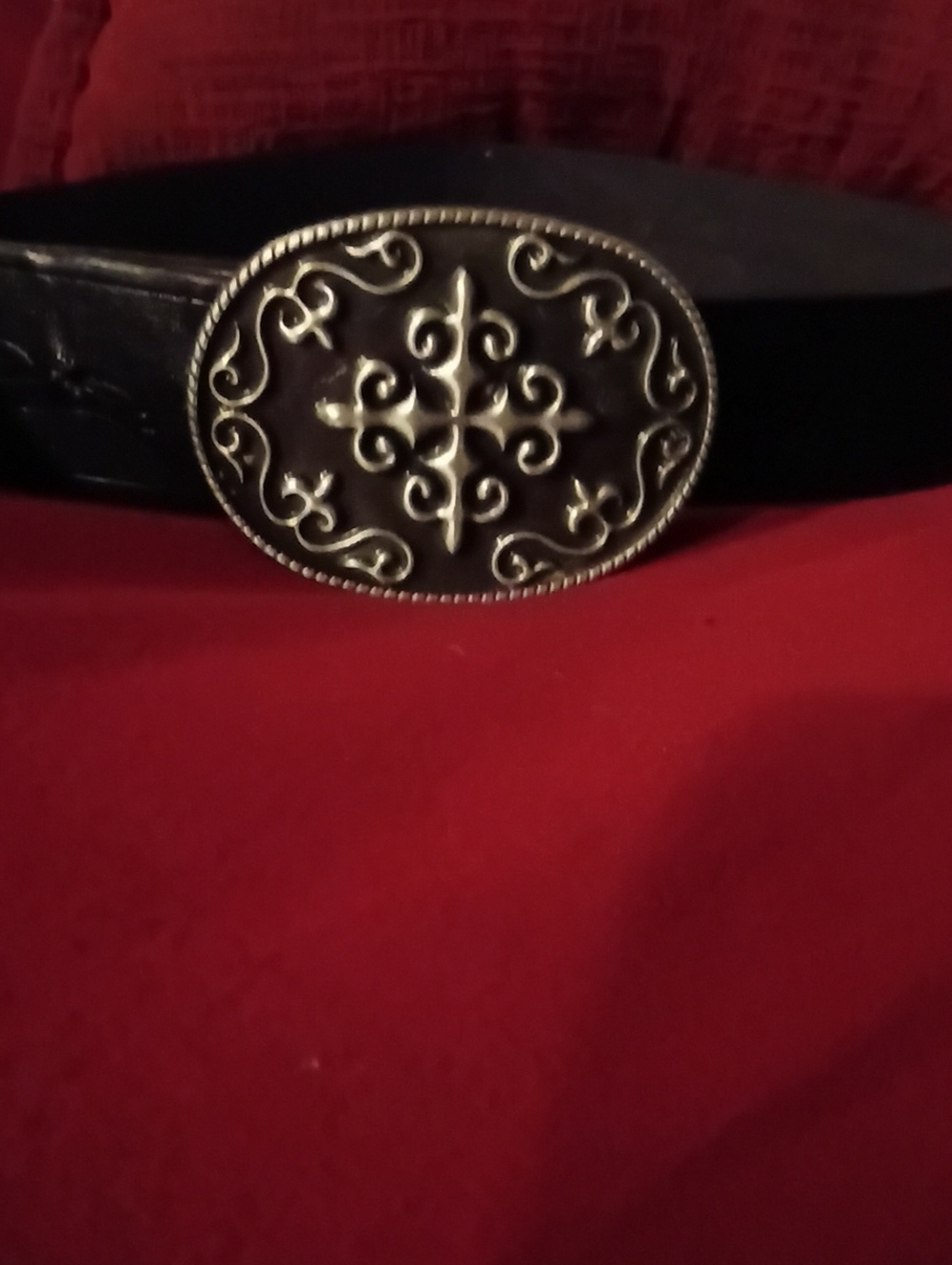 Women's Black Leather Belt with Ornate Silver Buckle